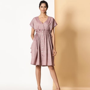 Ljusröd bohemisk klänning i 100 % bomull, knälång, anpassningsbar klänning, klänning med knappar och fickor, plus size, petite, tall etsw