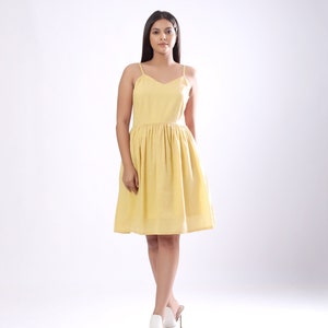 Light Yellow 100% Cotton Camisole Dress, Customizable Dress, Fit and Flare Knee-Length Dress with Pockets, Plus Size, Petite, Tall etsw