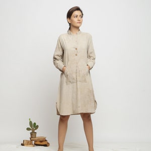 Beige Dabu Block Printed Cotton Dress, Customizable Knee-Length Dress, Button-Down Shirt Dress with Pockets, Plus Size, Petite, Tall etsw