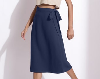 Navy Blue 100% Cotton Waffle Midi Skirt, Customizable Skirt, Relaxed Fit Wrap Skirt, Solid Checks Skirt, Plus Size, Petite, Tall etsw