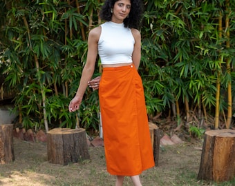 Orange Cotton Poplin Skirt, High-Rise Midi Skirt, Orange Skirt with Pockets, Customizable, Plus Size Skirt, Petite, Tall etsw