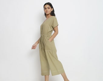 Mono 100% algodón de piernas anchas, mono personalizable con bolsillos, mono con cuello en V con botones de talle alto, talla grande, petite, etsw alto