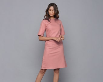 English Rose Sheath Dress, 100% Cotton Flannel Dress, Knee Length Dress, Relaxed Sleeves Round Neck Outfit, Customizable Dress with Pockets