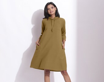 Olive Green 100% Cotton Hoodie Dress, Customizable Dress for Women, A-Line Midi Dress with Pockets