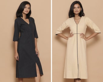 Reversible Beige and Black Cotton Flannel Midi Dress, Customizable Dress, A-Line Slit Dress, Plus Size, Petite, Tall etsw