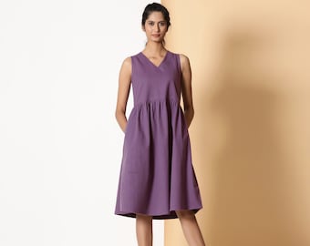 Grape Wine Cotton Flannel Fit and Flare Dress, Customizable Dress, Sleeveless Knee Length Dress with Pockets, Plus Size, Petite, Tall etsw