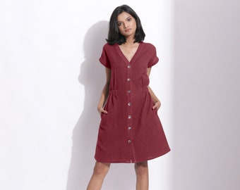 Barn Red 100% Cotton Waffle A-Line Dress, Customizable Dress, V-Neck Knee Length Dress with Pockets, Plus Size, Petite, Tall etsw