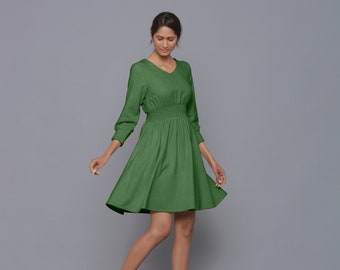 Moss Green 100% Cotton Corduroy Short Dress, Customizable Dress, Gathered Dress with Pockets, V-Neck Dress, Plus Size, Petite, Tall etsw