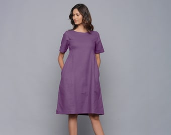 Cotton Flannel Dress, Relaxed Sleeve Dress, Paneled Dress, Knee Length Dress with Pockets, Customizable Dress, Plus Size, Petite, Tall etsw