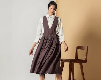 Cotton Flax Midi Dress, Customizable Dress for Women, Deep Neck Pinafore Wrap Dress, Dress with Pockets, Plus Size, Petite, Tall cw etsw