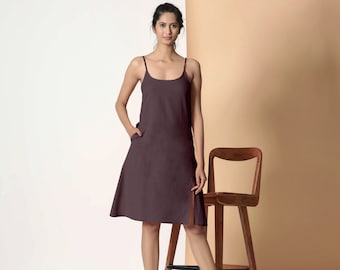 Brown Cotton Flax Slip Dress, Knee Length Dress with Pockets, A-Line Slit Dress, Customizable Dress, Plus Size, Petite, Tall etsw Brown Cotton Flax Slip Dress, Knee Length Dress with Pockets, A-Line Slit Dress, Customizable Dress, Plus Size, Petite, Tall etsw