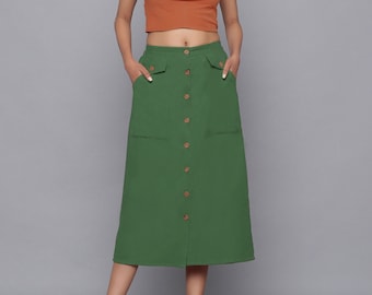 100% Cotton Corduroy Skirt, Customizable Skirt, Mid-Rise Skirt, Button-Down Skirt, Midi Skirt with Pockets, Plus Size, Petite, Tall etsw