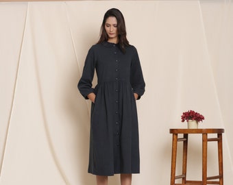 Gathered Midi Dress, Customizable Shirt Dress with Pockets, 100% Cotton Flannel Dress, Button-Down Dress, Plus Size, Petite, Tall etsw