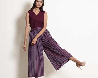 Berry Wine Striped Cotton Pant, Customizable Pant for Women, High Rise Flared Culottes with Pockets etsw