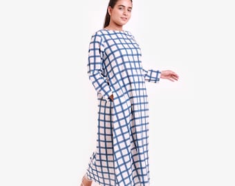 100% Cotton Block Print Maxi Dress, Checkered Dress, Customizable Dress with Pockets, Round Neck Shift Dress, Plus Size, Petite, Tall etsw