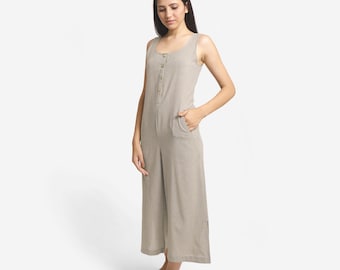 Mono de pierna ancha de algodón beige con bolsillos, mono midi personalizable, mono con cuello en U abotonado, talla grande, petite, alto etsw