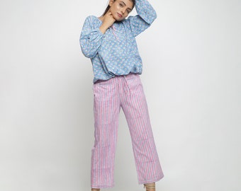 Blue Balloon Top and Pink Striped Pant Set, Customizable Top and Pant Set for Women, Pant With Pockets
