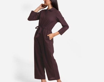 Brown Cotton Flax Overalls Jumpsuit, Customizable Button-Down Jumpsuit, Elasticated Jumpsuit with Pockets, Plus Size, Petite, Tall etsw