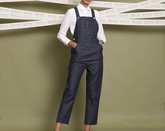 Indigo 100% Cotton Denim Dungaree Jumpsuit, Customizable Jumpsuit, Strap Sleeve Jumpsuit with Pockets, Plus Size, Petite, Tall etsw