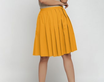 Yellow Cotton Flax Pleated Skirt, Mid-Rise Skirt, Knee Length Skirt with Pockets, Customizable Skirt, Plus Size, Petite, Tall etsw