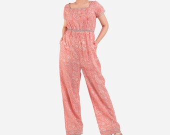 Peach 100% Cotton Block Print Jumpsuit, Customizable High-Rise Jumpsuit, Short Jumpsuit with Pockets, Plus Size, Petite, Tall etsw