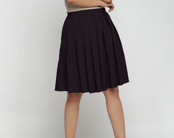 Black Cotton Flax Knee Length Skirt, Customizable Skirt, Mid-Rise Pleated Skirt, Skirt with Pockets, Plus Size, Petite, Tall etsw