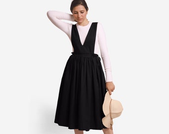Cotton Flax Midi Dress, Customizable Dress for Women, Deep Neck Pinafore Wrap Dress, Dress with Pockets, Plus Size, Petite, Tall etsw