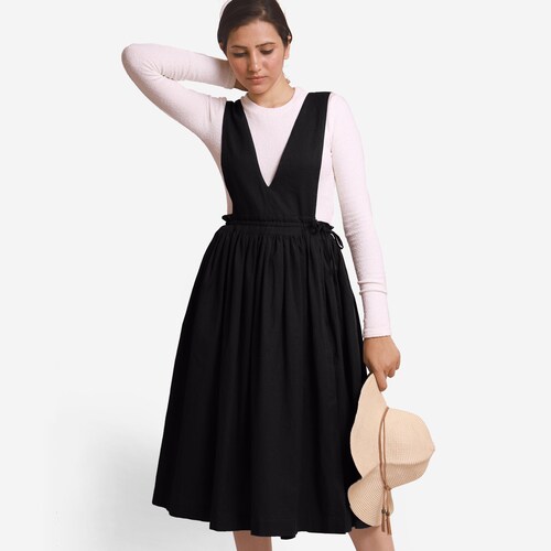 Black Cotton Flax Midi Dress, Customizable Dress, V-Neck Wrap Dress, Pinafore Dress with Pockets