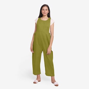 Olive Green 100% Cotton Pinafore Round Neck Jumpsuit, Customizable Jumpsuit, Sleeveless Comfy Jumpsuit, Plus Size, Petite, Tall etsw