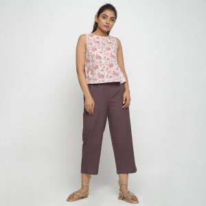 White Top and Brown Culottes Set, Customizable Top and Pant Set for Women, Pant With Pockets