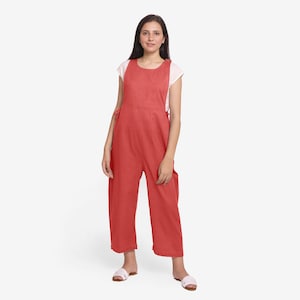 100% Cotton Off-White Top and Brick Red Jumpsuit Set, Customizable Jumpsuit and Top Set for Women