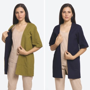 Reversible Solid Cotton Flax Overlay, Overlay for Women, Front Open Short Overlay, Customizable Overlay with Pockets etsw