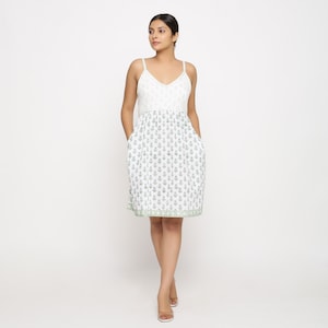 White Block Print 100% Cotton Camisole Dress, Customizable Dress, Floral Knee-Length Dress with Pockets, Plus Size, Petite, Tall etsw