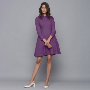 fitted lace wedding dress Purple Cotton Poplin Fit and Flare Balloon Sleeves Short Dress Custom Size (Free) / Petite (5'1