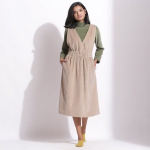 Taupe 100% Cotton Corduroy Midi Dress, Customizable Dress, Pinafore Dress with Pockets, V-Neck Dress,, Plus Size, Petite, Tall etsw image 1