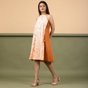 Maroon Shibori Halter Neck A line Dress, Sleeveless Knee Length Dress, Tie Dye Cotton Dress, Customizable Dress etsw