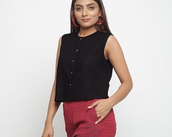 Black Cotton Flax Button-Down Shirt, Customizable Top, Brunch Shirt, Casual Shirt, Sleeveless Shirt, Plus Size, Petite, Tall etsw