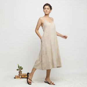 Beige Midi Dress, Customizable 100% Cotton Dress, Dabu Block Print Dress, Natural Dyed Dress with Pockets, Plus Size, Petite, Tall etsw
