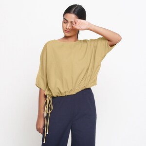 Light Khakhi Cotton Flax Blouson Top, Customizable Top, Loose Fit Round Neck Top, Drop Shoulder Top, Plus Size, Petite, Tall etsw