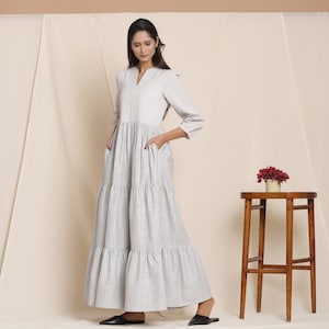 Cloudy Grey 100% Cotton Floor Length Dress, Customizable Dress, Flared Bohemian Tier Dress with Pockets, Plus Size, Petite, Tall etsw