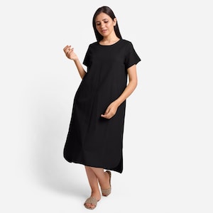 Solid Cotton Flax Midi Dress, Customizable Dress, Round Neck Dress, High-Low Shift Dress with Pockets, Plus Size, Petite, Tall etsw