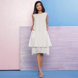 White 100% Organic Cotton Dress, Striped Pattern Dress, A-Line Tier Dress, Sleeveless Dress with Pockets etsw