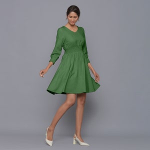 Moss Green 100% Cotton Corduroy Short Dress, Customizable Dress, Gathered Dress with Pockets, V-Neck Dress, Plus Size, Petite, Tall etsw
