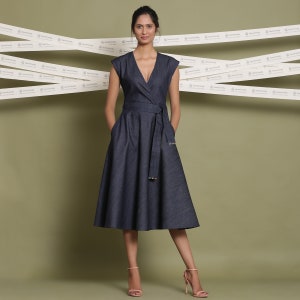 Blue Cotton Denim Midi Dress, Drop Shoulder Sleeves Dress, Customizable Dress with Pockets, V-Neck Dress, Plus Size, Petite, Tall etsw