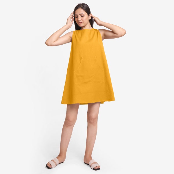 Cotton Flax Mini Dress with Pockets, Customizable Dress for Women, Sleeveless Dress, A-Line Comfort Fit Dress, Plus Size, Petite, Tall etsw