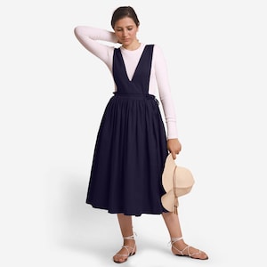 Cotton Flax Midi Dress, Customizable Dress for Women, Deep Neck Pinafore Wrap Dress, Dress with Pockets, Plus Size, Petite, Tall etsw