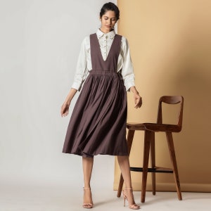 Cotton Flax Midi Dress, Customizable Dress for Women, Deep Neck Pinafore Wrap Dress, Dress with Pockets, Plus Size, Petite, Tall cw etsw