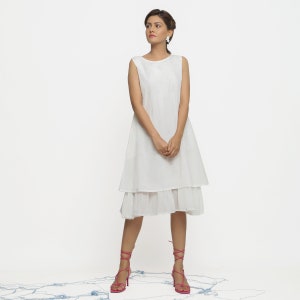 White Organic 100% Cotton Knee Length Tier Dress, Customizable Bohemian Dress, A-Line Dress with Pockets, Plus Size, Petite, Tall etsw
