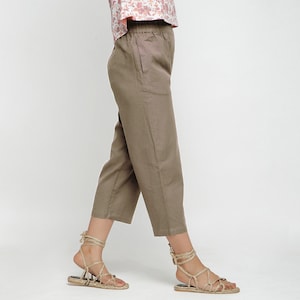 Solid Beige Cotton Flax Culottes, Customizable Culottes, Elasticated Pant with Pockets, Mid-Rise Pant, Plus Size, Petite, Tall etsw