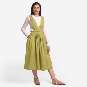 Cotton Flax Midi Dress, Customizable Dress for Women, Deep Neck Pinafore Wrap Dress, Dress with Pockets, Plus Size, Petite, Tall etsw